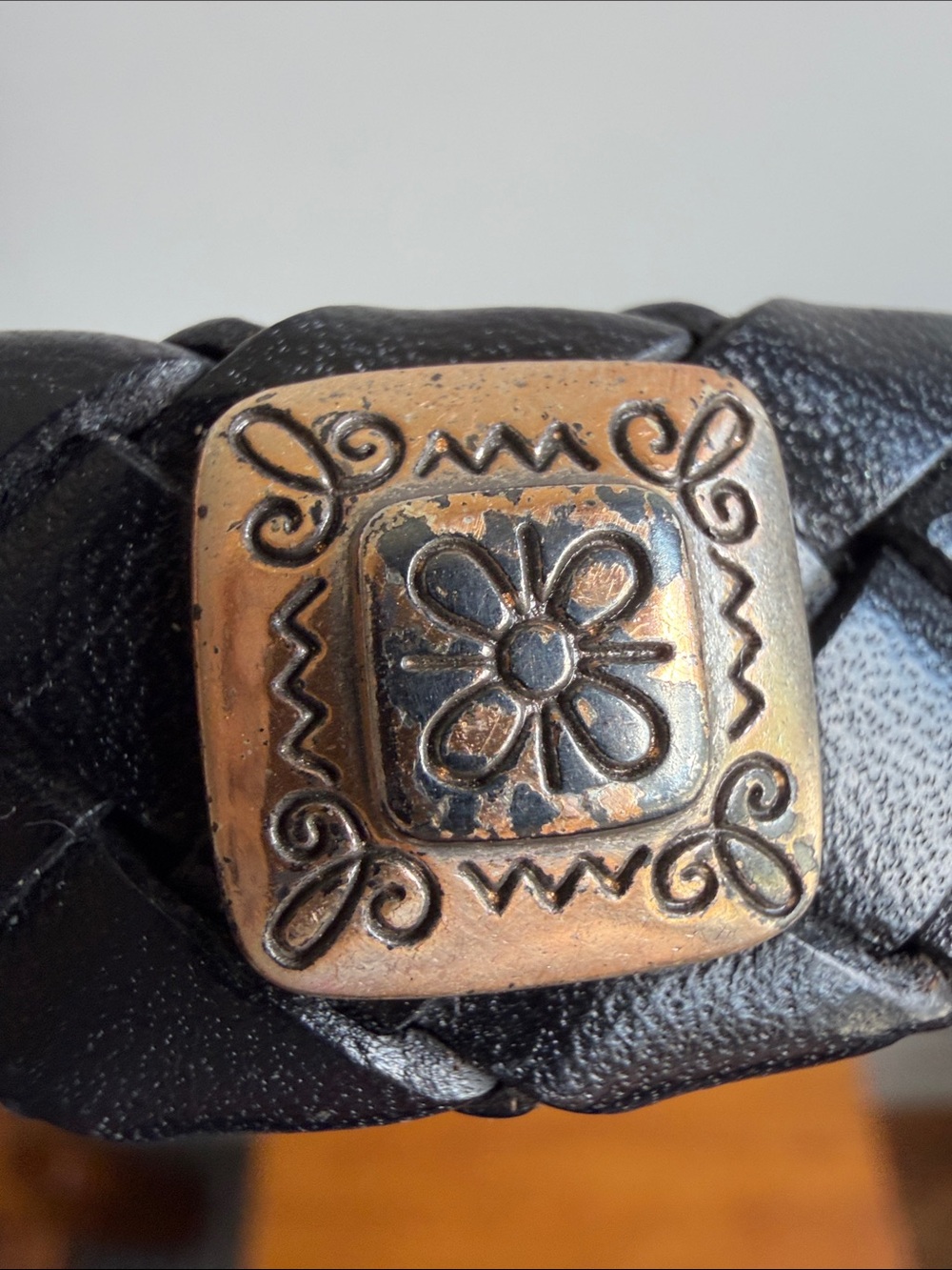 90s Brighton Black Leather Woven and Crocodile Belt - Skinny, Size L - Picture 6 of 16